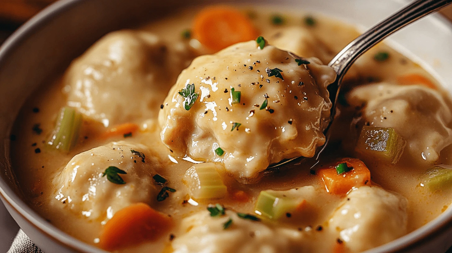 Fluffy gluten-free dumplings in creamy chicken soup with carrots and celery