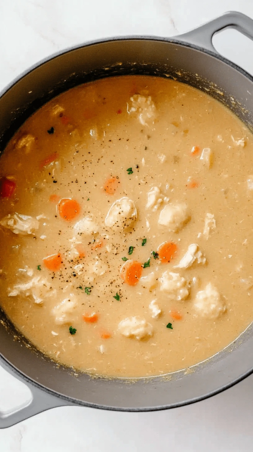 Gluten-Free-Chicken-and-Dumplings-3 Gluten-free chicken and dumplings simmering in a creamy broth with carrots and herbs