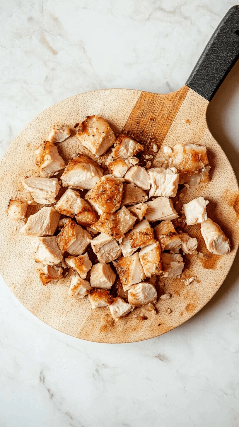 Gluten-Free-Chicken-and-Dumplings-4 Cooked chicken breast chopped into bite-sized pieces on a wooden board
