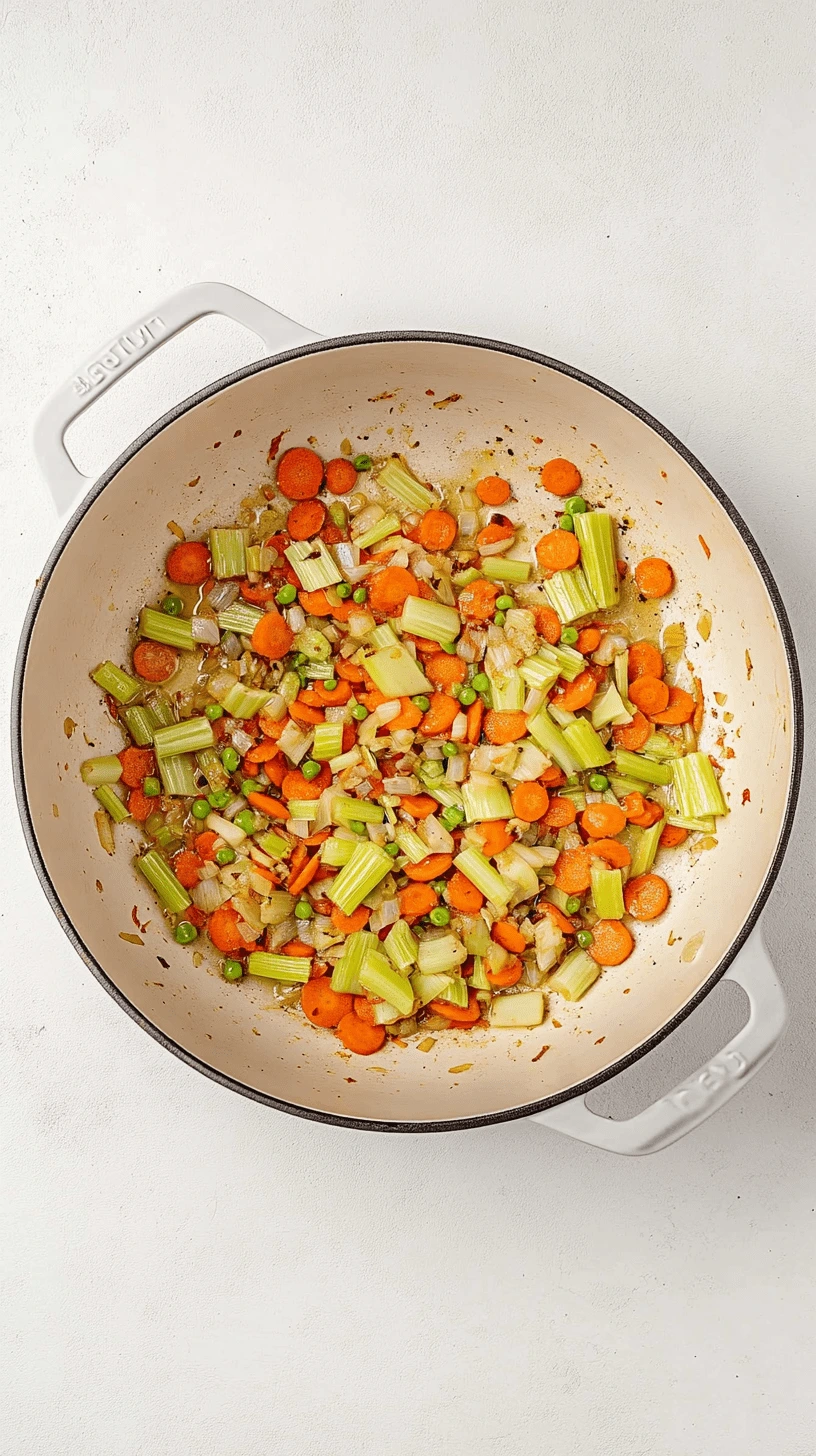 Gluten-Free-Chicken-and-Dumplings-8 Sautéed carrots, celery, peas, and onions in a cream-colored Dutch oven