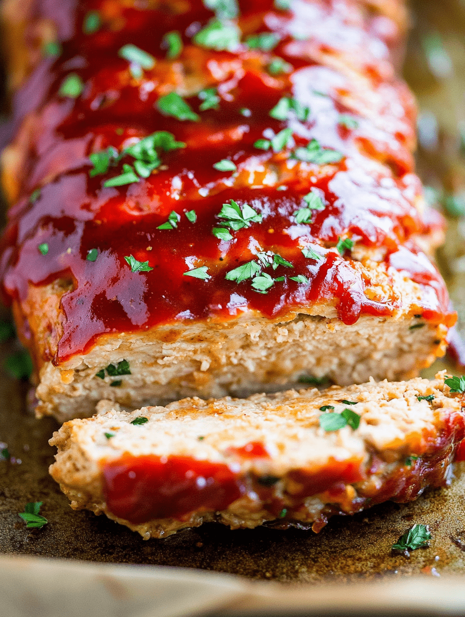 Gluten-Free-Turkey-Meatloaf Sliced gluten-free turkey meatloaf topped with ketchup glaze and fresh parsley on a baking sheet.