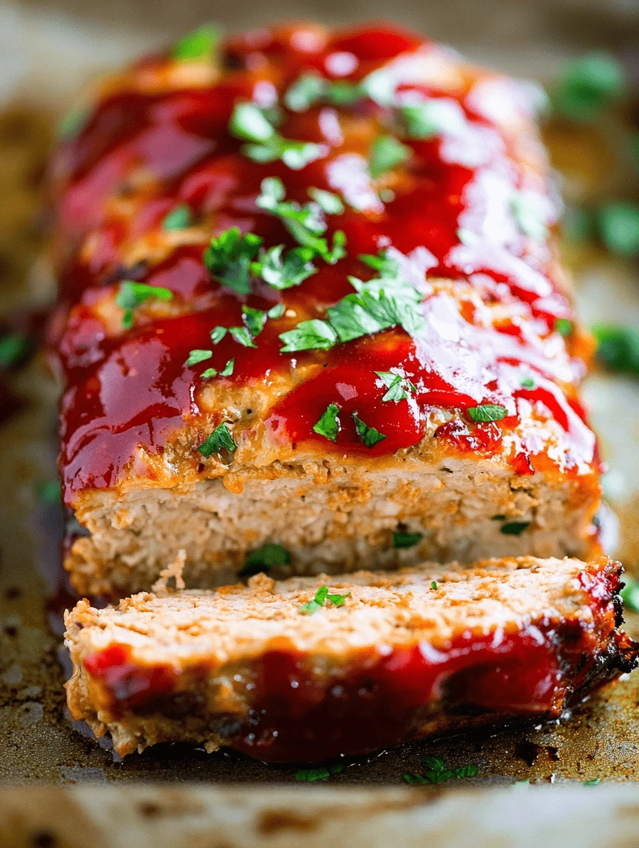 Gluten-Free-Turkey-Meatloaf-1 Sliced glazed turkey meatloaf topped with fresh parsley on a rustic baking sheet.