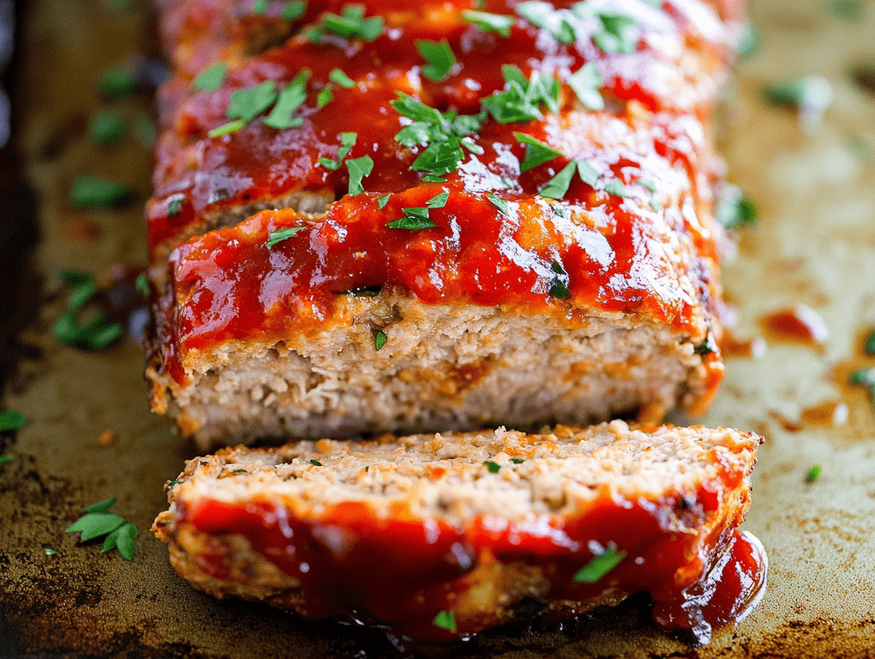 Sliced glazed turkey meatloaf topped with fresh parsley on a rustic baking sheet.