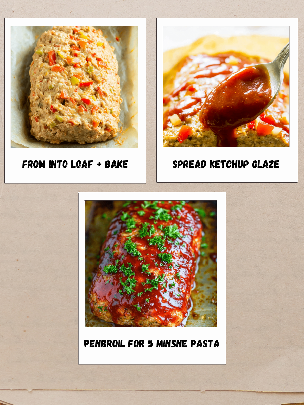 Gluten-Free-Turkey-Meatloaf-step-by-step Three-step visual of gluten-free turkey meatloaf preparation: raw loaf, spreading ketchup glaze, and finished broiled meatloaf with parsley.