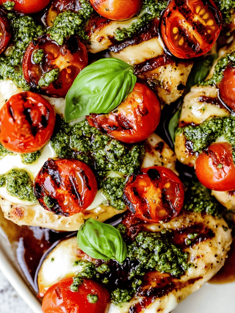 Grilled-Chicken-Margherita-01 Grilled chicken breasts with melted mozzarella, basil pesto, charred cherry tomatoes, and fresh basil leaves on a serving platter.