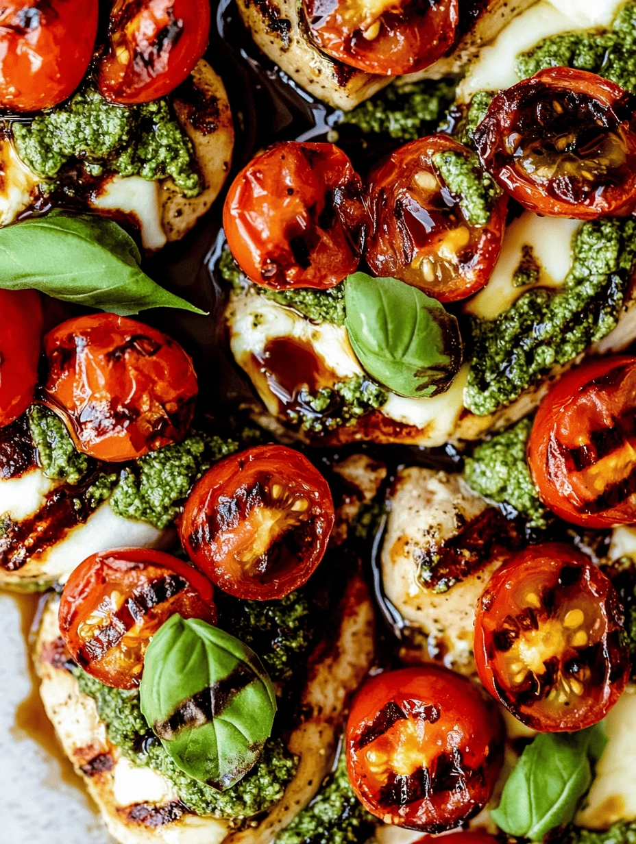 Grilled-Chicken-Margherita-02 Grilled chicken breast with melted mozzarella, green pesto, grilled cherry tomatoes, fresh basil, and balsamic glaze on a white plate.