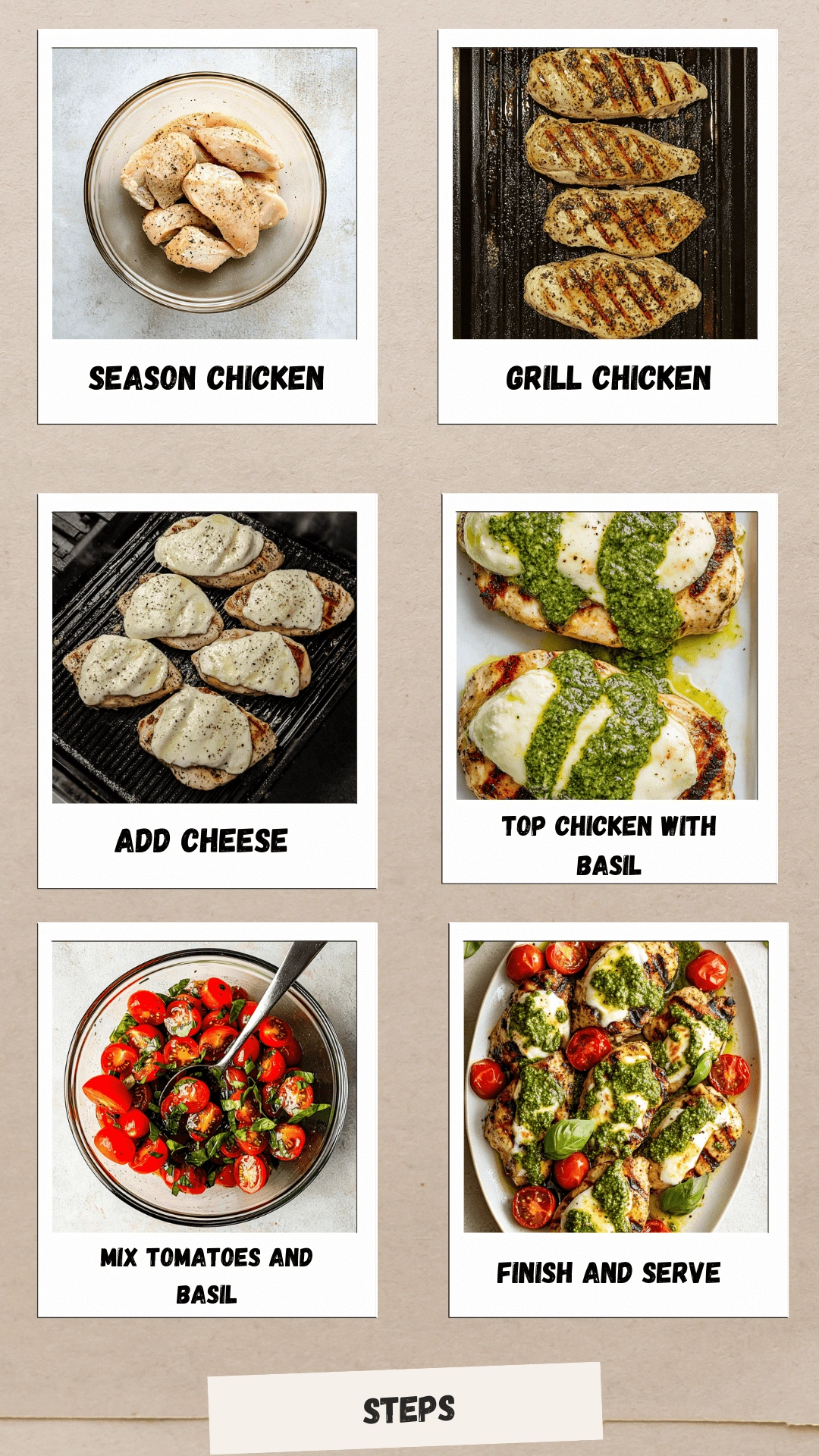 Grilled-Chicken-Margherita-step-by-step Step-by-step photo collage of Grilled Chicken Margherita recipe: seasoning raw chicken, grilling, adding mozzarella, topping with pesto, mixing tomatoes and basil, and final plated dish.