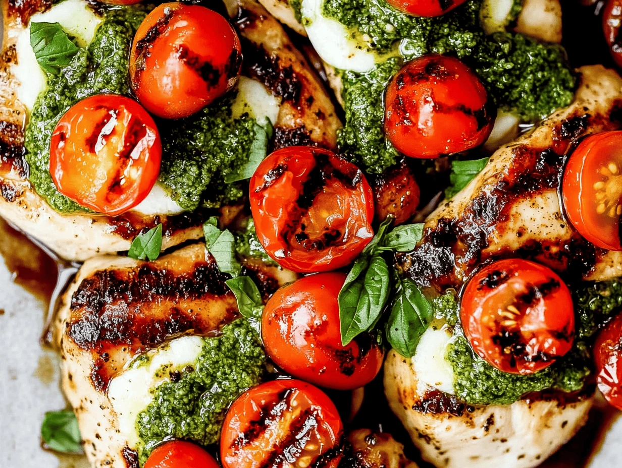 Grilled chicken breasts topped with melted mozzarella, green pesto, roasted cherry tomatoes, fresh basil leaves, and balsamic glaze.