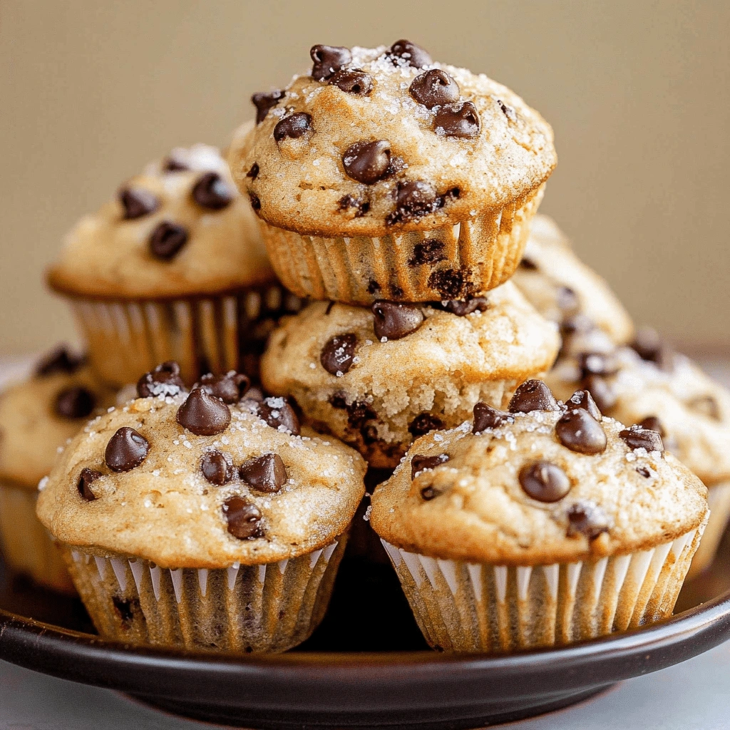 Mini-Chocolate-Chip-Muffins-1 Freshly baked mini chocolate chip muffins stacked on a rustic metal plate, with golden tops and melted chocolate chips, set against a light marble and gray background.