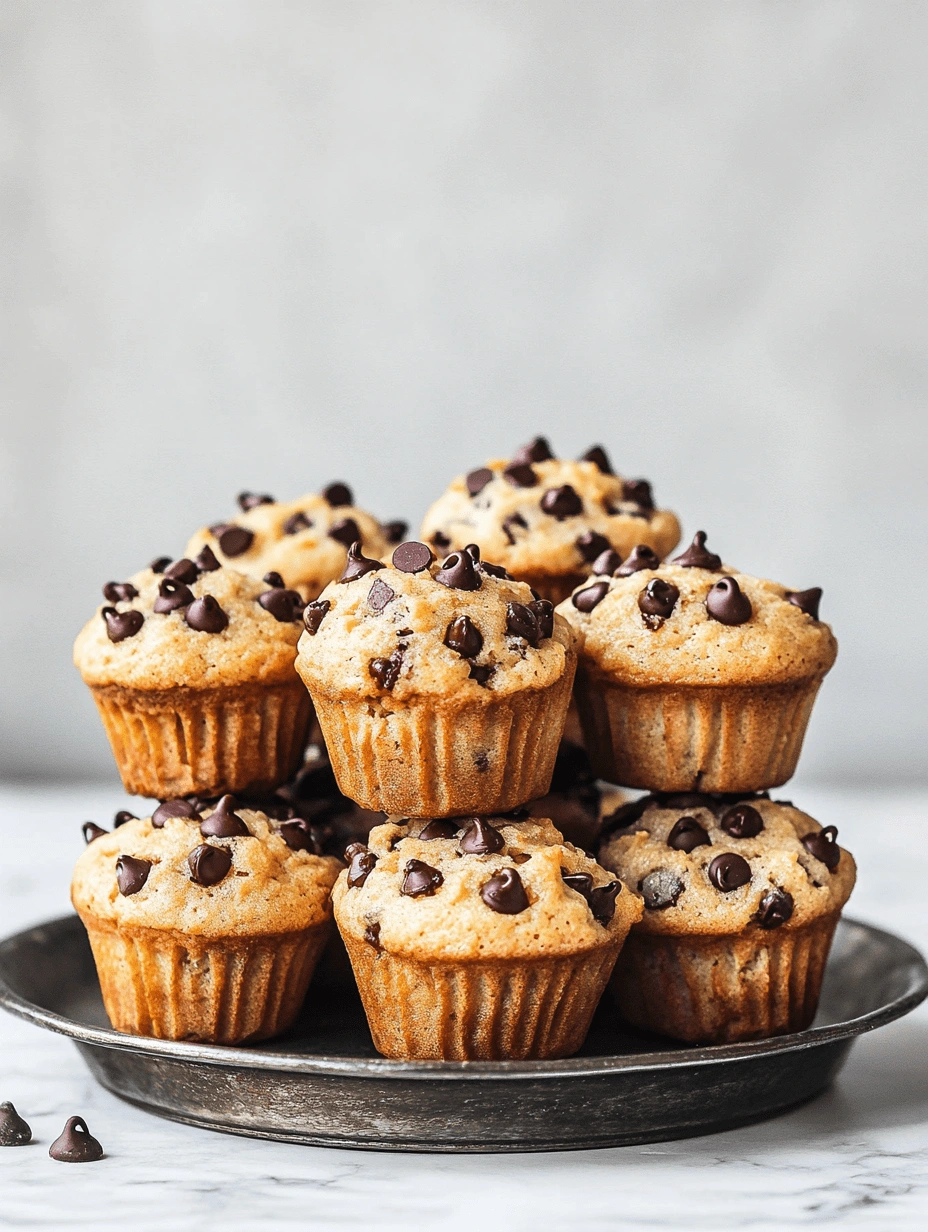 Mini-Chocolate-Chip-Muffins-8 Stack of mini chocolate chip muffins on a rustic metal plate, with golden tops and melty chocolate chips, set against a soft marble background.