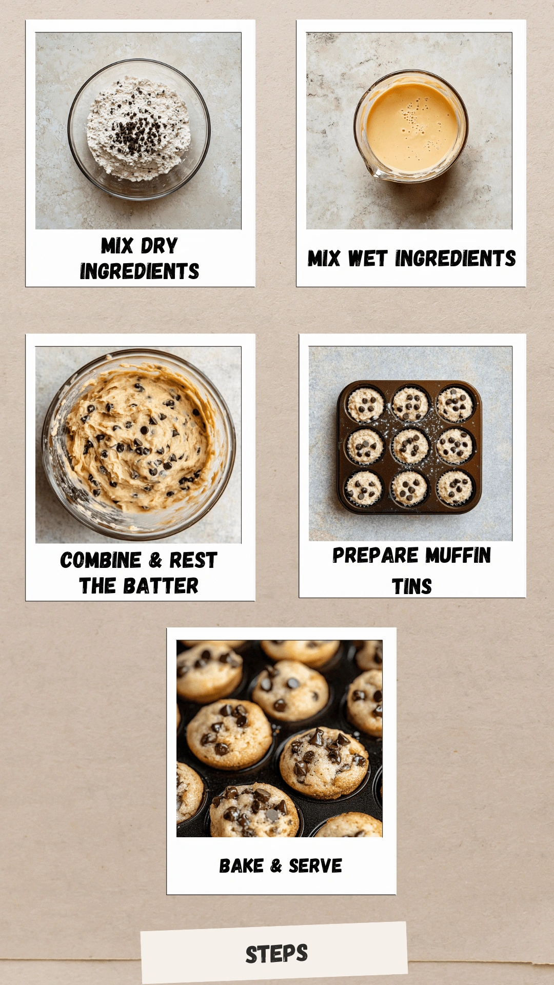 Mini-Chocolate-Chip-Muffins-step-by-step Step-by-step process collage for making mini chocolate chip muffins, including mixing dry ingredients, mixing wet ingredients, combining batter, filling muffin tins, and baking until golden brown.