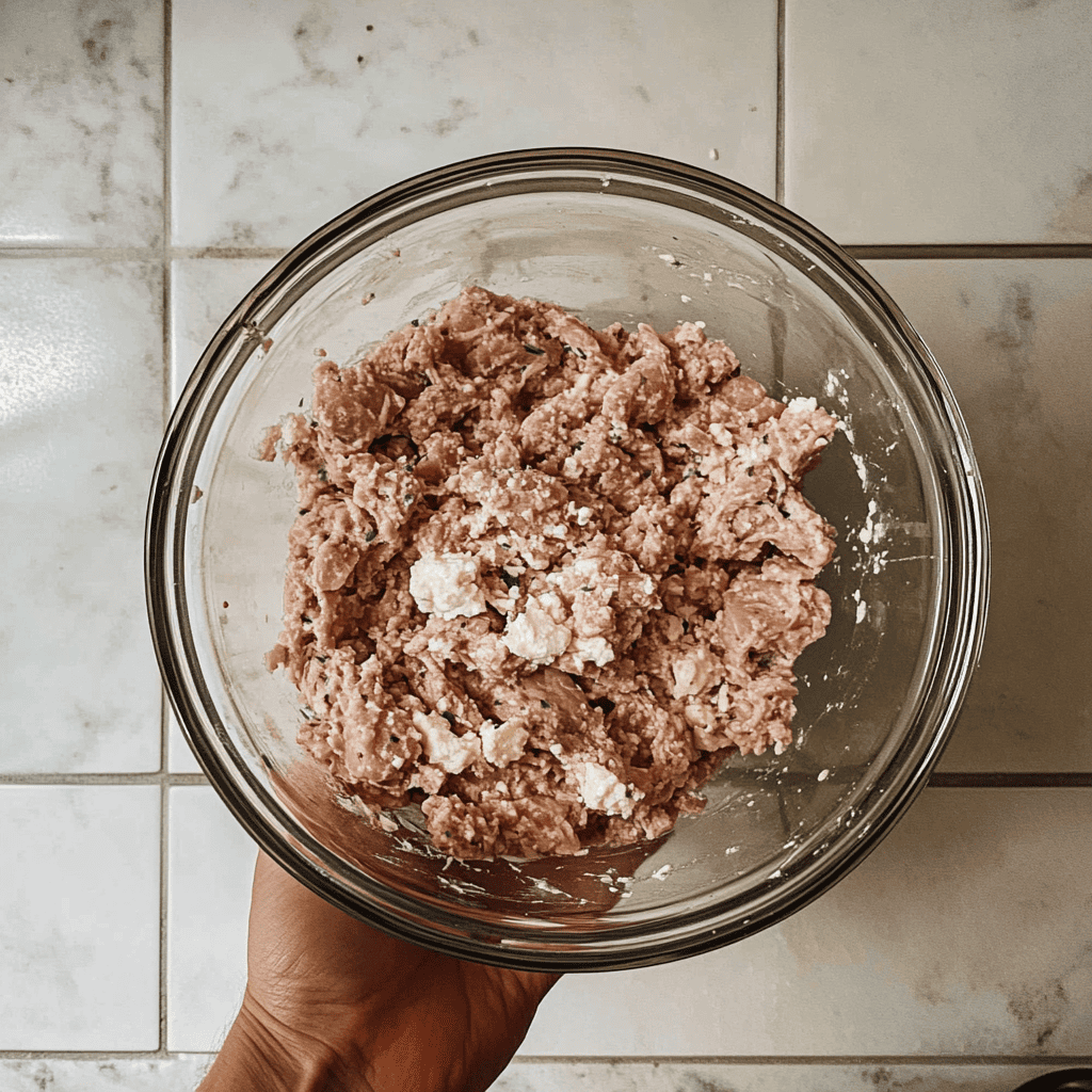 Mix-all-of-the-ingredients-in-a-bowl Chicken and Feta Burger Mixture – Ready to Shape