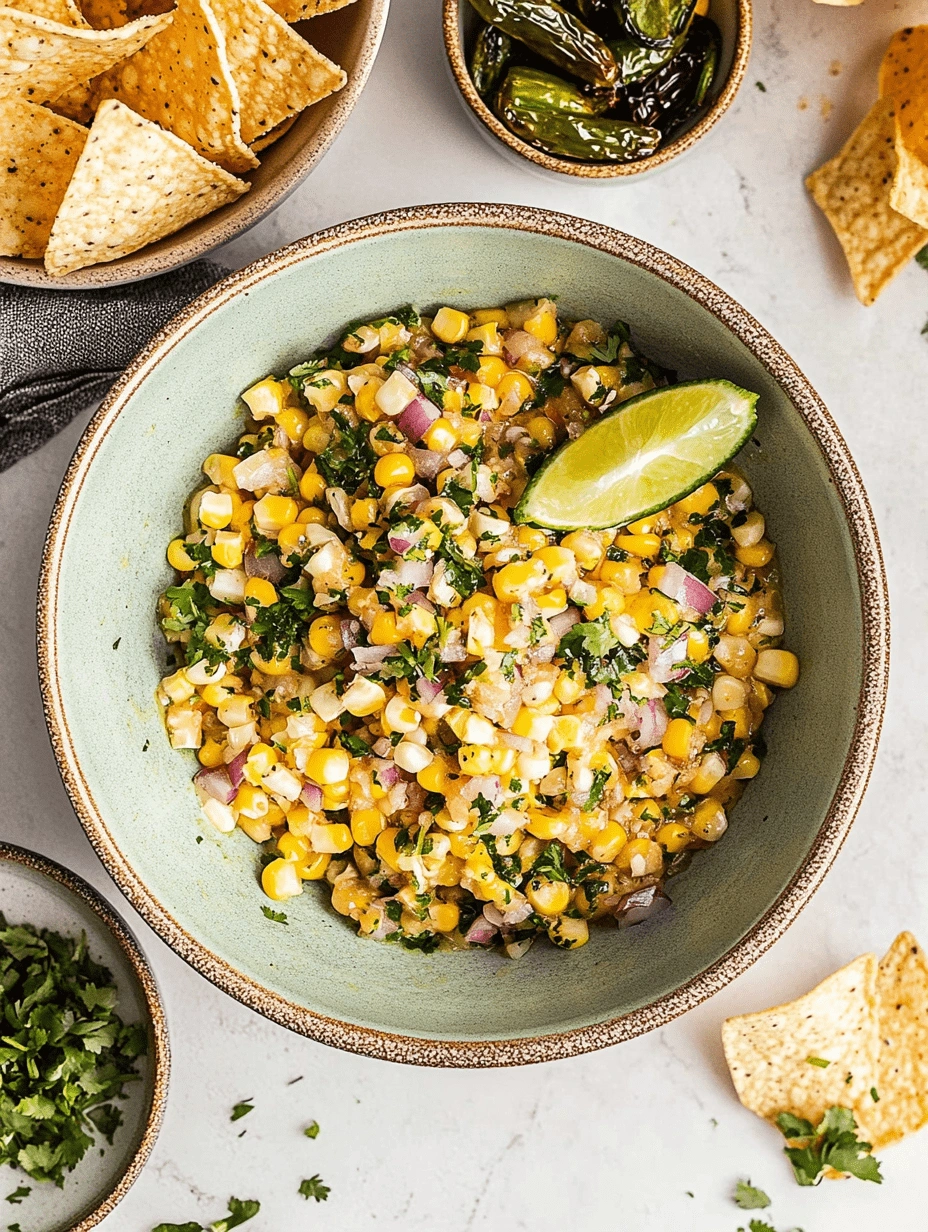 Roasted-Chili-Corn-Salsa-2 Overhead view of roasted chili corn salsa in a rustic bowl with fresh lime, tortilla chips, and bowls of roasted peppers and cilantro