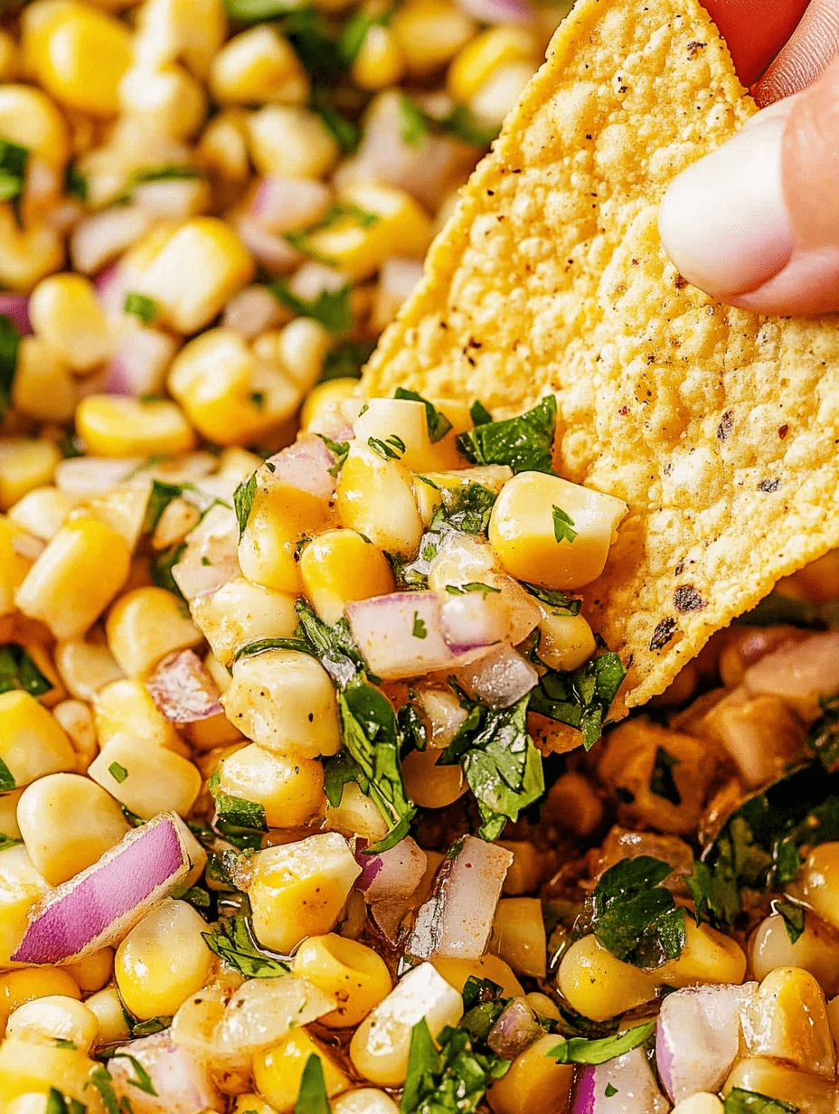 Roasted-Chili-Corn-Salsa-3 lose-up of roasted chili corn salsa scooped with a tortilla chip, featuring corn kernels, red onion, and fresh cilantro.