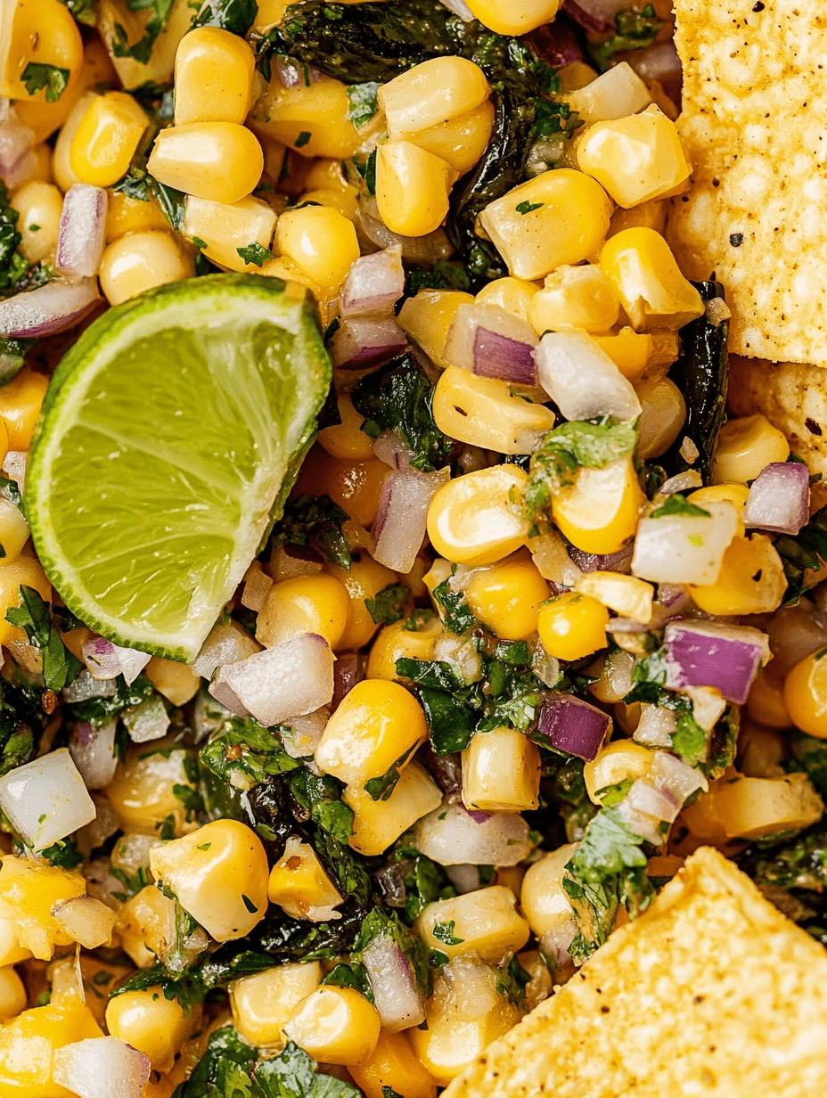 Roasted-Chili-Corn-Salsa-close-up Close-up of roasted chili corn salsa with lime wedge, red onions, fresh cilantro, and tortilla chips.