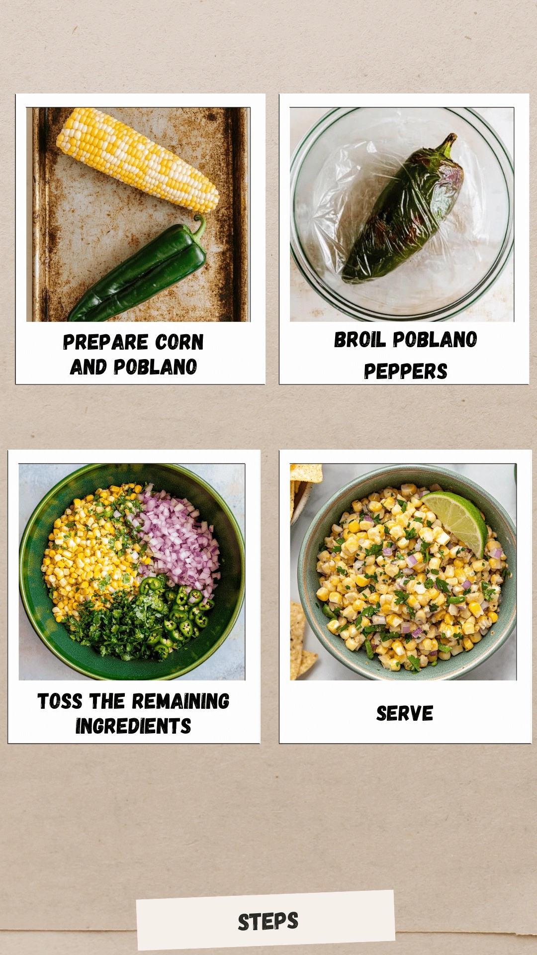 Roasted-Chili-Corn-Salsa-step-by-step Step-by-step collage showing how to make roasted chili corn salsa: prepare corn and poblano, broil poblano peppers, toss remaining ingredients, and serve with lime.