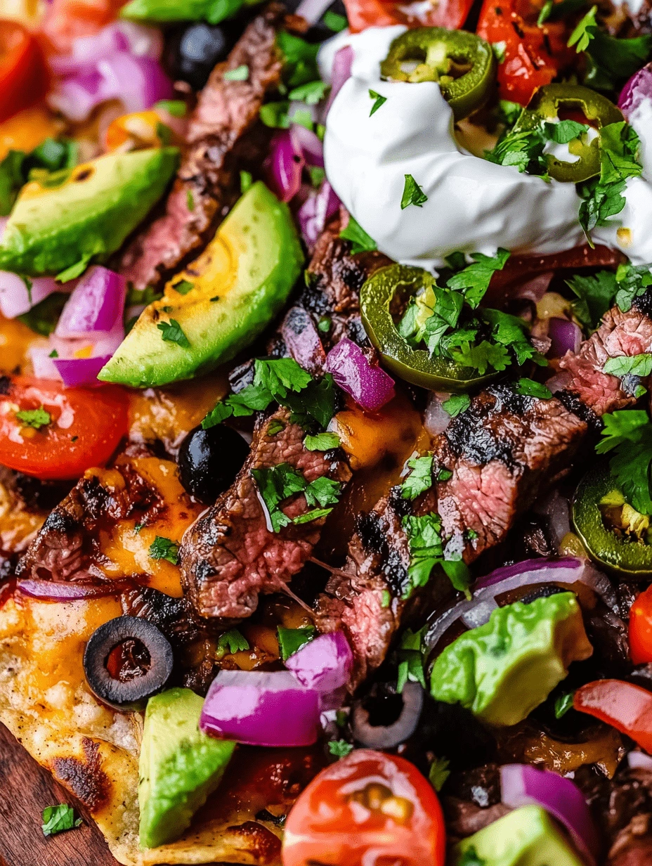 Steak-Nachos-1 Close-up of grilled steak nachos with melted cheese, avocado, sour cream, jalapeños, red onion, and cherry tomatoes.