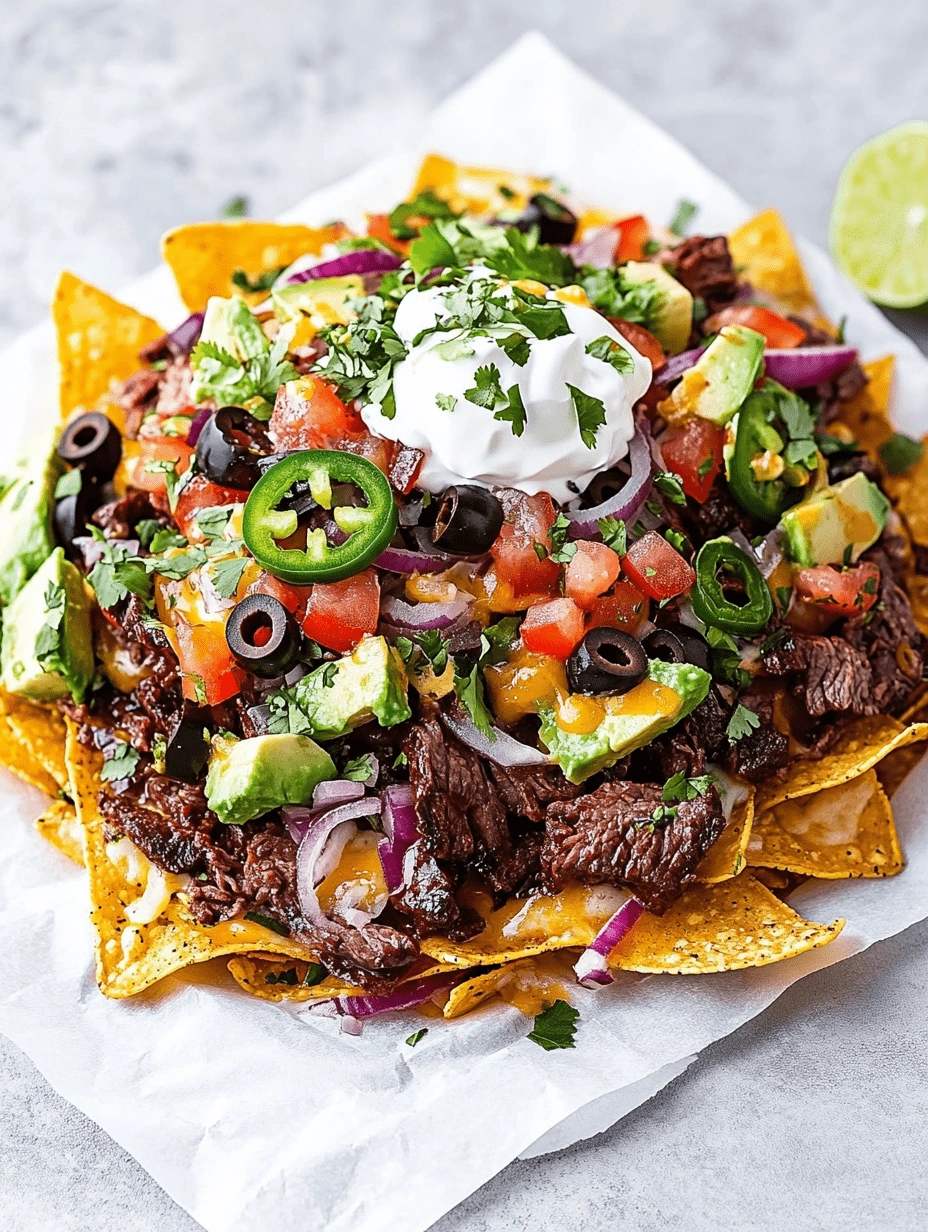 Steak-Nachos-2 Loaded steak nachos topped with sour cream, avocado, jalapeños, olives, tomatoes, red onions, and cilantro on parchment paper.