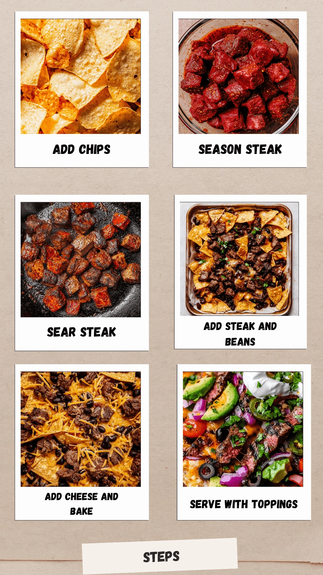 Steak-Nachos-step-by-step Step-by-step photo collage showing how to make steak nachos—add chips, season steak, sear, layer with beans and cheese, bake, and add toppings.