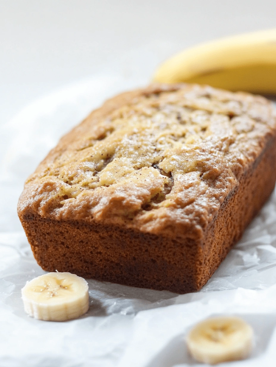 healthy-banana-cake-loaf Golden-brown healthy banana cake loaf with a soft texture and banana slices on parchment paper