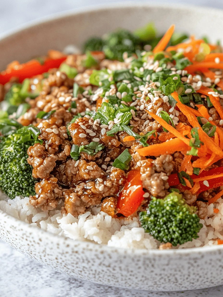 teriyaki-turkey-rice-bowl-closeup-garnished Close-up of a Teriyaki Turkey Rice Bowl topped with sesame seeds, shredded carrots, broccoli, and green onions over white rice.