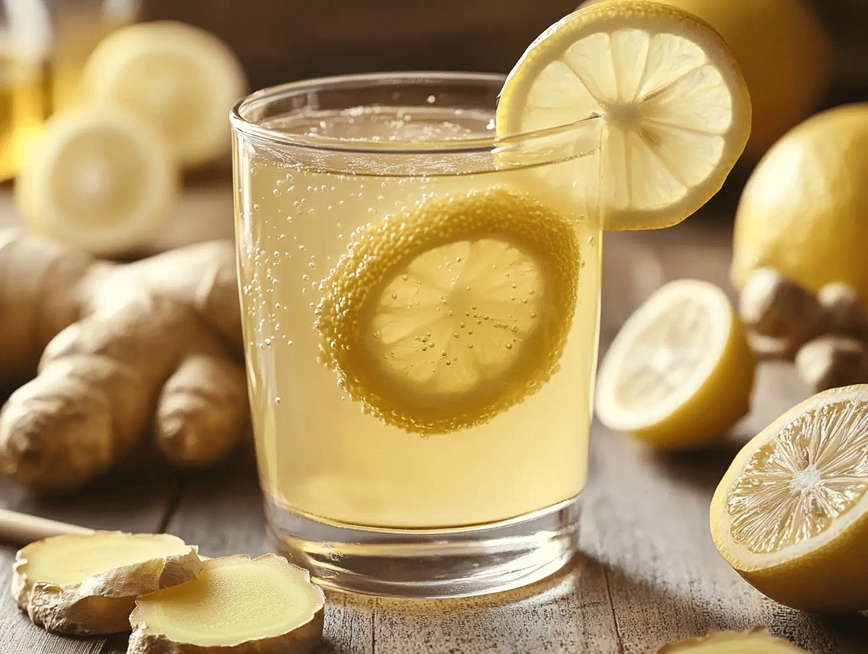 4 Ingredient Mounjaro Recipe – Sparkling lemon ginger drink with lemon slices in a glass, surrounded by fresh ginger and citrus on a wooden surface