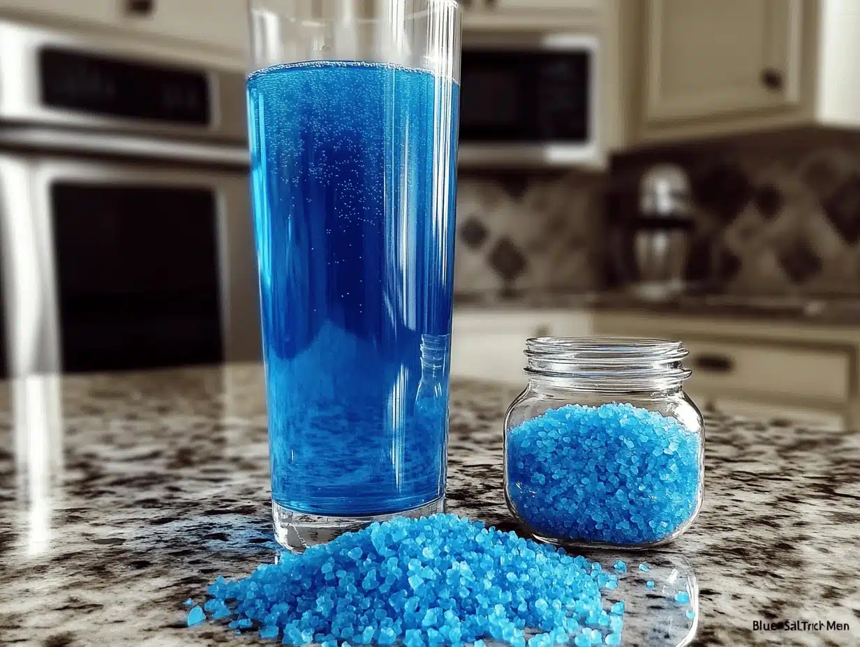 A corked glass potion bottle of blue liquid, surrounded by blue salt crystals and Mediterranean-style ceramics.