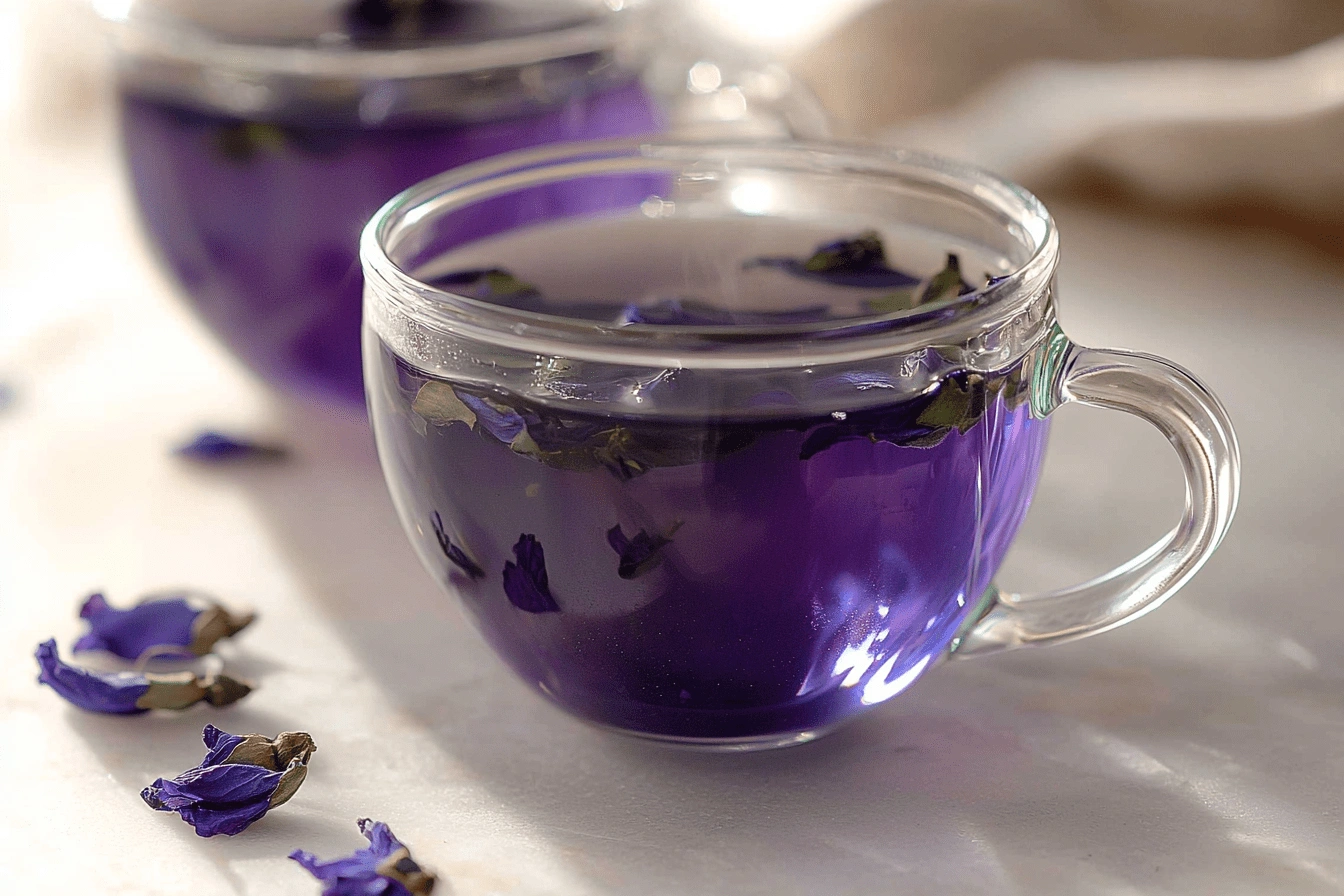 Two clear glass cups of vibrant purple butterfly pea tea with floating petals, styled on a marble surface in soft natural light.