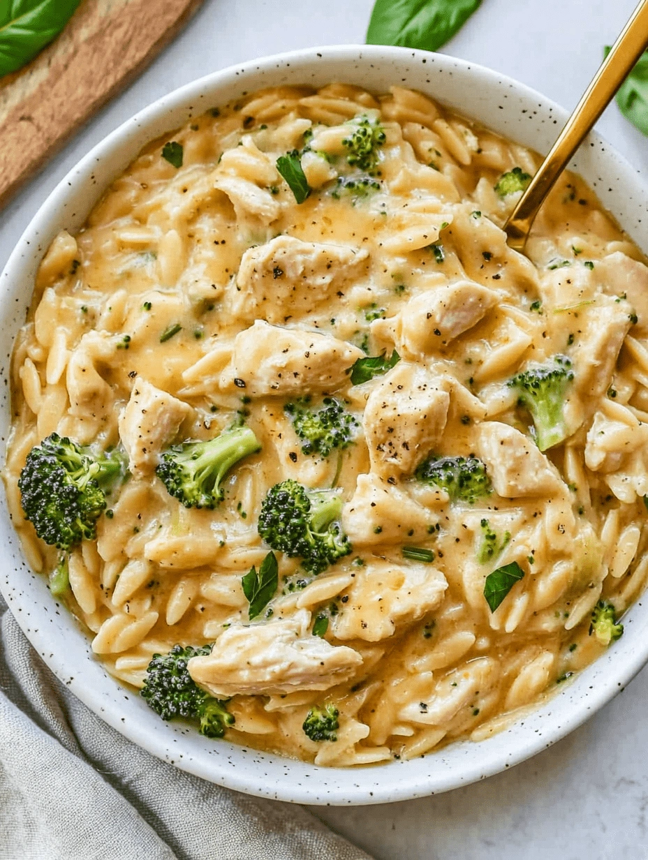 cheesy-broccoli-chicken-orzo-golden-spoon-top-down Top-down image of cheesy chicken and broccoli orzo pasta with golden spoon and speckled bowl on a light background.