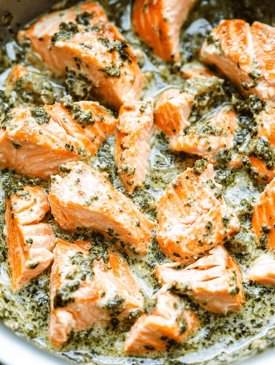 close-up-creamy-pesto-salmon-cooking-process Close-up of flaky salmon chunks simmering in a creamy pesto sauce inside a skillet, showing rich texture and detail.