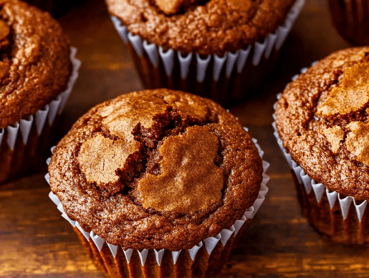 Close-up of golden pumpkin muffins with cracked tops in white paper liners on a dark wooden surface.
