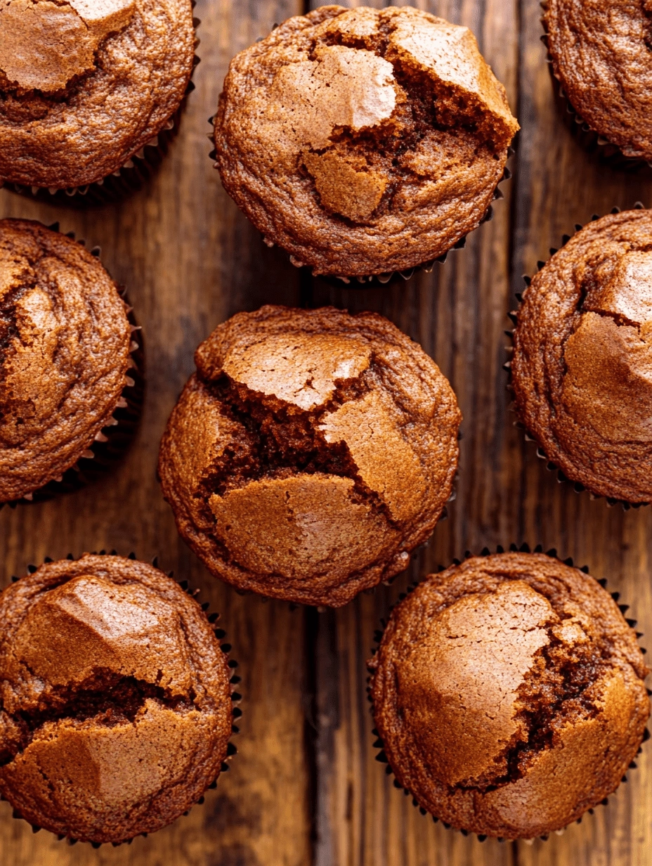 cracked-pumpkin-muffins-rustic-wooden-background Top-down close-up of gluten-free pumpkin muffins with cracked tops on a rustic wooden table.