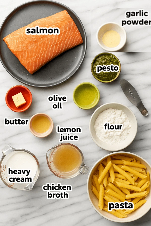 creamy-pesto-salmon-pasta-ingredients-flatlay Top-down image showing labeled ingredients for creamy pesto salmon pasta, including salmon, garlic powder, pesto, pasta, heavy cream, and more on a marble background.