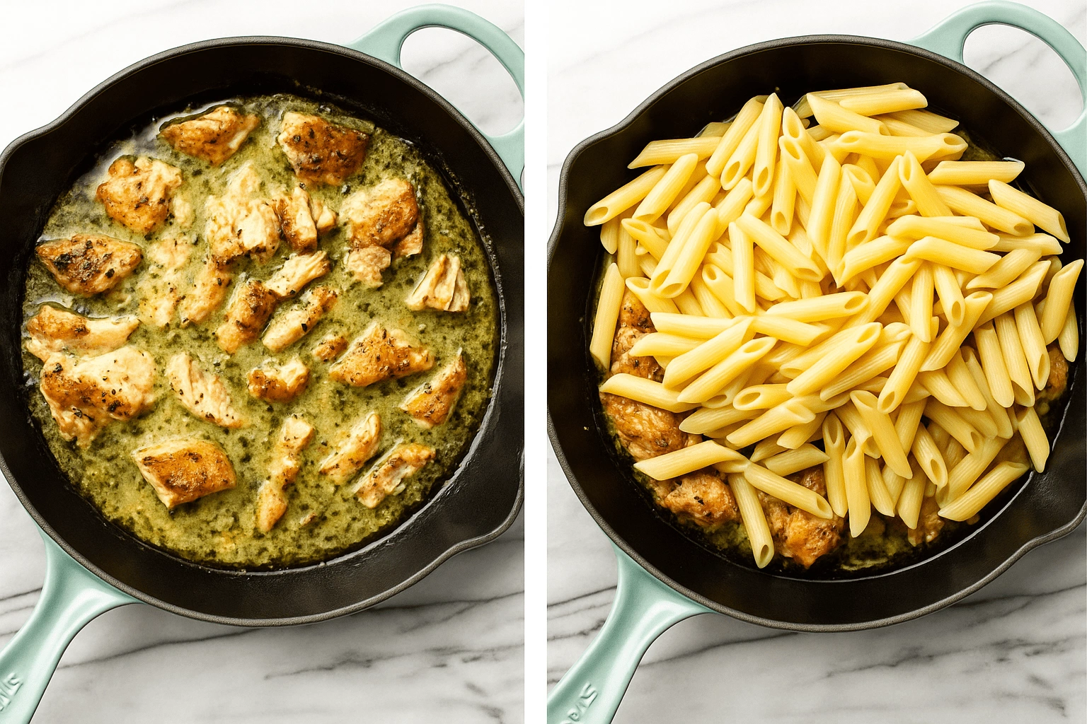 creamy-pesto-salmon-pasta-step-by-step-cooking-process Two-step photo showing creamy pesto salmon being cooked in a skillet on the left, and penne pasta added to the sauce in the right image.