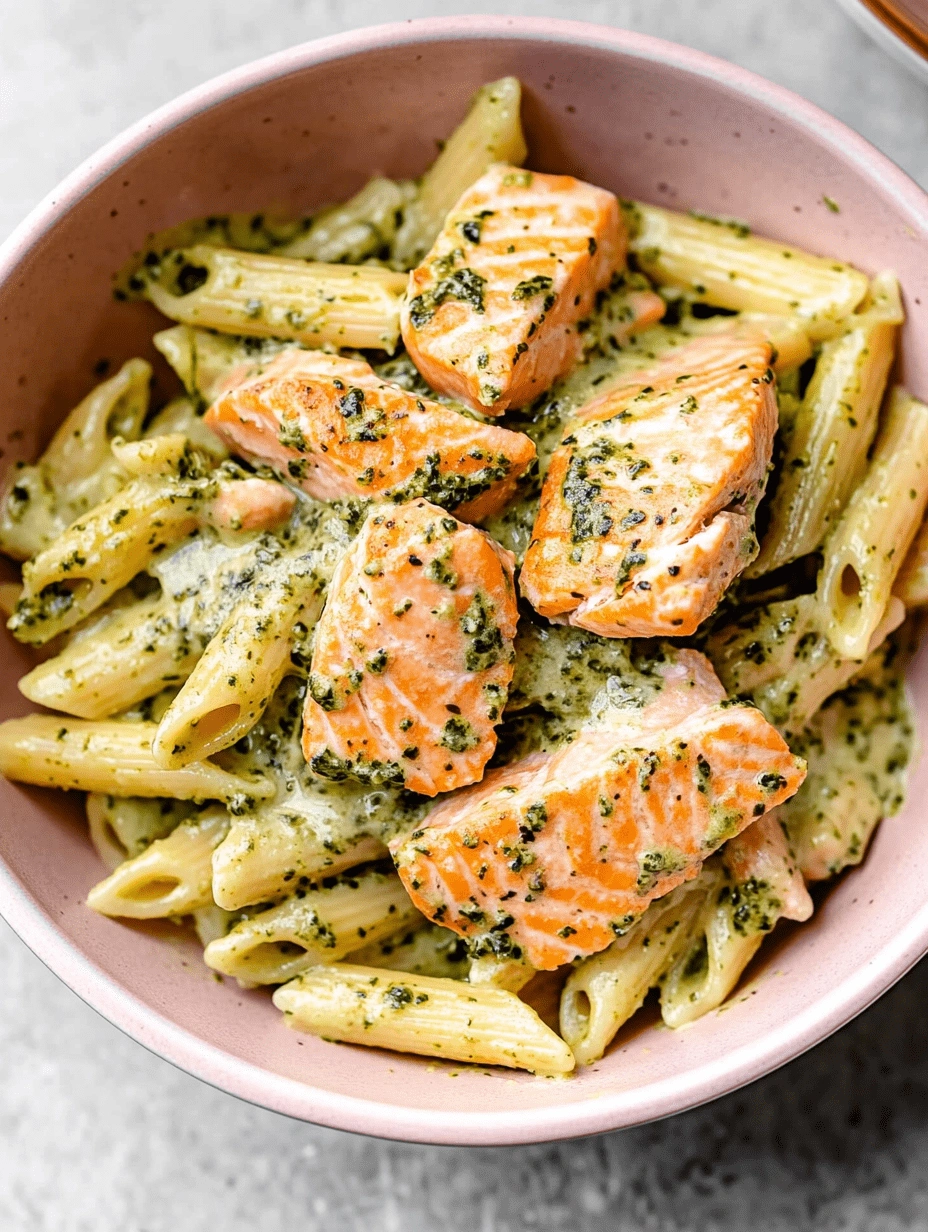 creamy-pesto-salmon-penne-bowl-closeup Close-up top-down image of creamy pesto penne pasta with seared salmon chunks in a pink bowl on a light gray surface.