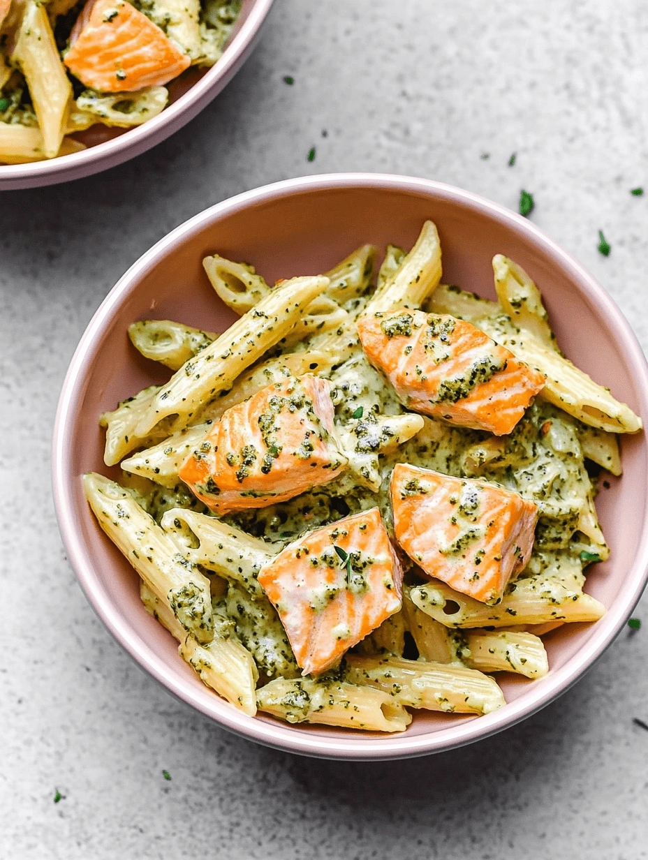 creamy-pesto-salmon-penne-in-pink-bowls Top-down view of creamy pesto salmon penne pasta served in blush pink bowls on a light gray surface.