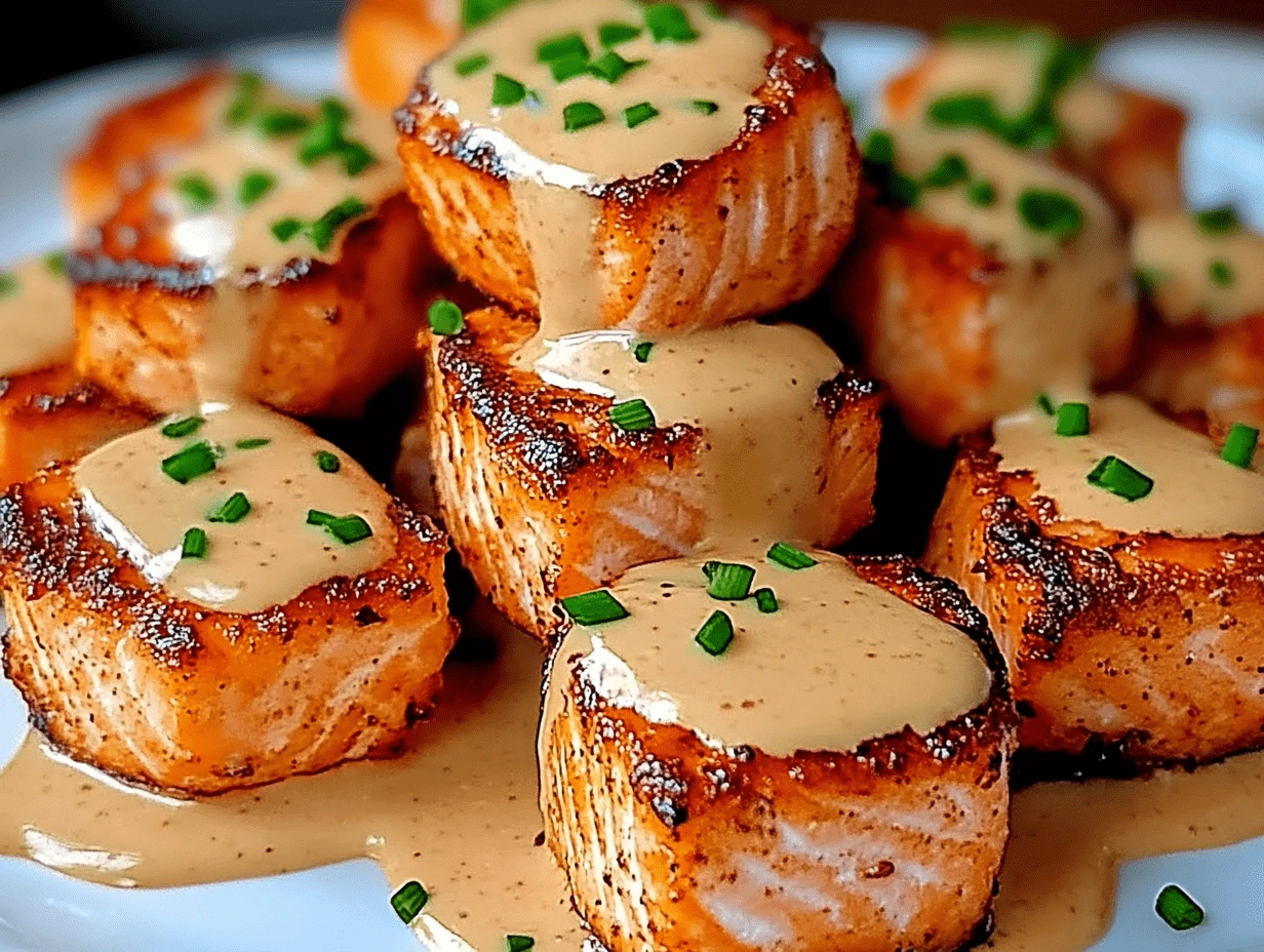 Crispy Bang Bang Salmon Bites stacked on a plate with spicy creamy sauce and chives