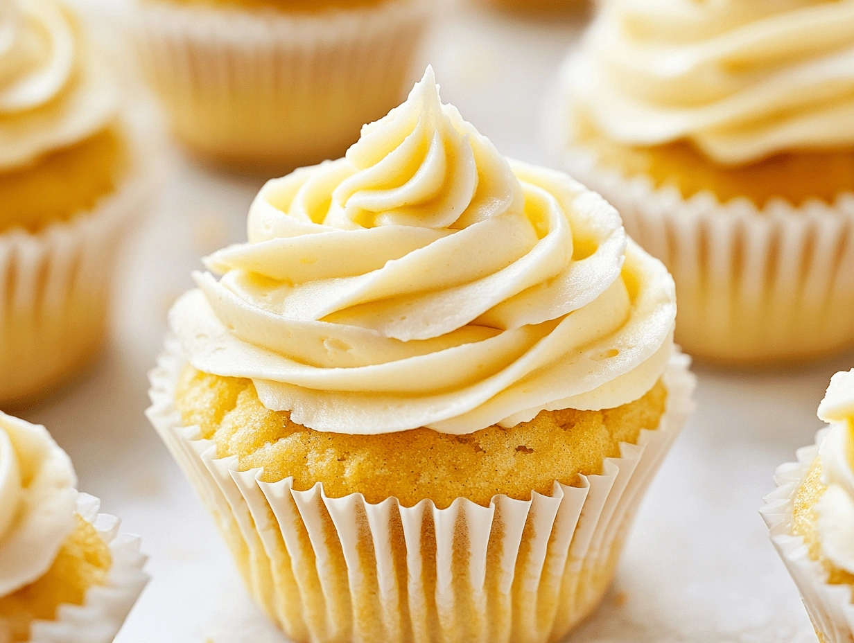 Front view of a frosted Gluten-Free Vanilla Cupcakes with white paper liner and piped buttercream, surrounded by more cupcakes.
