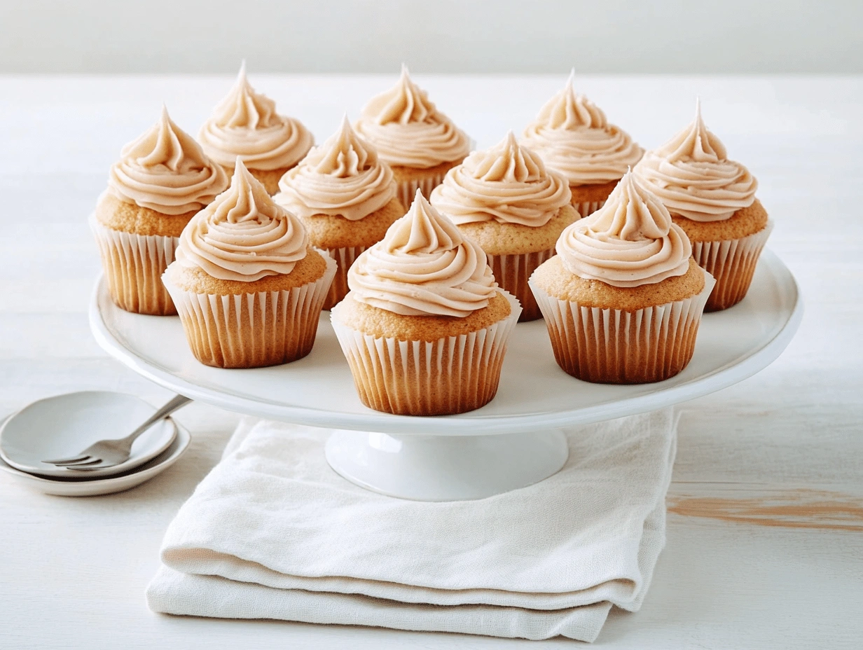 Ten gluten-free cupcakes with cinnamon frosting on a white cake stand over a folded napkin, with white plate and fork in background.