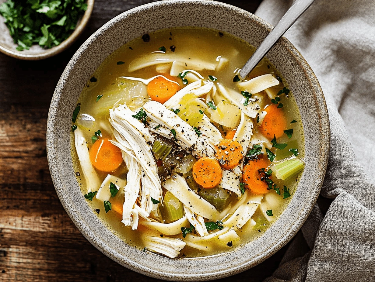 Close-up of a bowl of chicken soup featuring gluten-free egg noodles, shredded chicken, carrots, celery, and garnished with parsley.