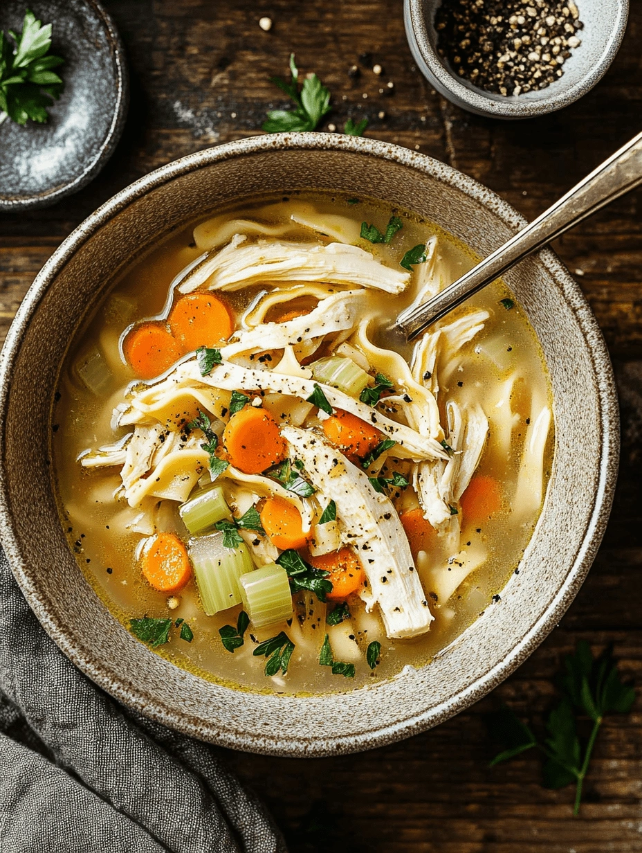 gluten-free-egg-noodles-chicken-soup-rustic-bowl Bowl of homemade chicken soup with gluten-free egg noodles, carrots, celery, and herbs on a rustic wooden surface.