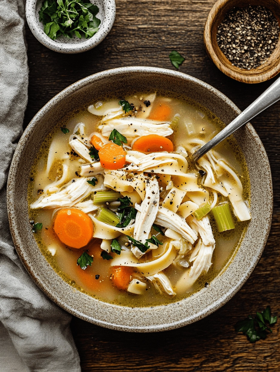 gluten-free-egg-noodles-chicken-vegetable-soup Top-down view of a bowl filled with gluten-free egg noodles, chicken, carrots, and celery in a light broth, surrounded by parsley and pepper bowls on a wooden table.
