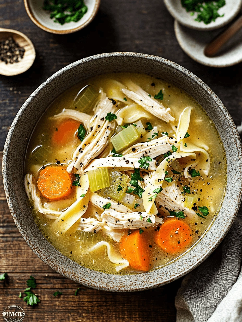 gluten-free-egg-noodles-dutch-oven-chicken-soup Top view of a ceramic bowl filled with gluten-free egg noodles, chicken, carrots, celery, and parsley in a clear broth on a rustic wood surface.
