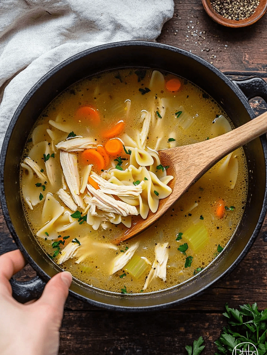 gluten-free-egg-noodles-homestyle-chicken-soup Dutch oven filled with gluten-free egg noodle soup, featuring shredded chicken, carrots, celery, and parsley, with a wooden spoon scooping the contents.