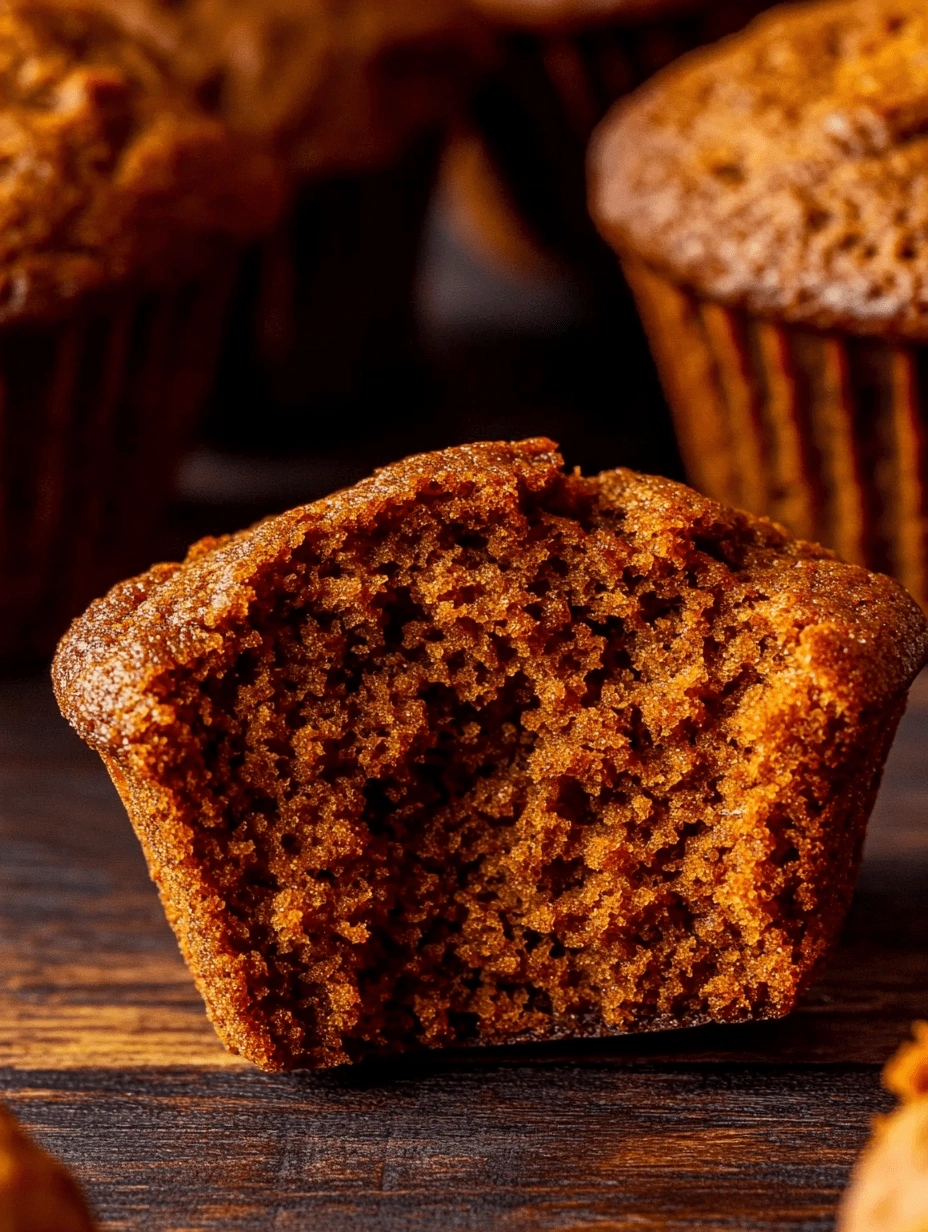 gluten-free-pumpkin-muffin-cut-open-moist-texture Close-up of a gluten-free pumpkin muffin cut in half to reveal moist, fluffy interior on a wooden surface.