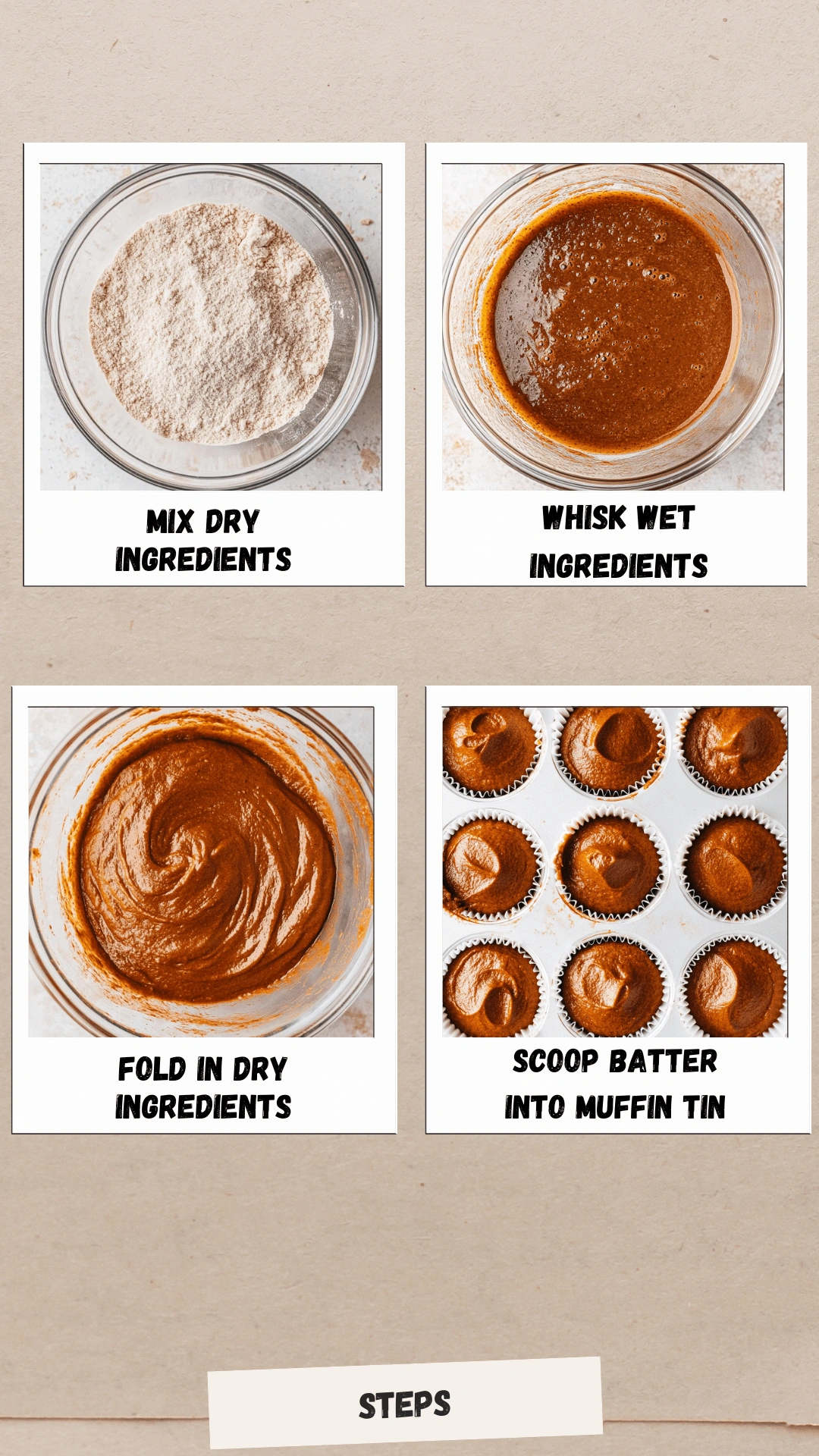 gluten-free-pumpkin-muffin-recipe-steps-collage Step-by-step collage showing the process of making gluten-free pumpkin muffins, from mixing dry and wet ingredients to folding and filling muffin tins.