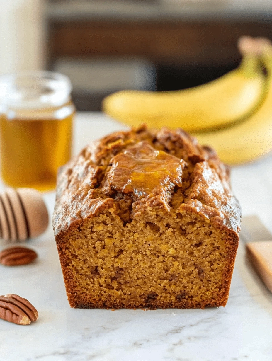 healthy-pumpkin-banana-bread-honey-glaze-moist-slice Healthy pumpkin banana bread loaf sliced open to reveal a soft, golden interior, with honey drizzled on top, and bananas and pecans in the background on a marble surface.