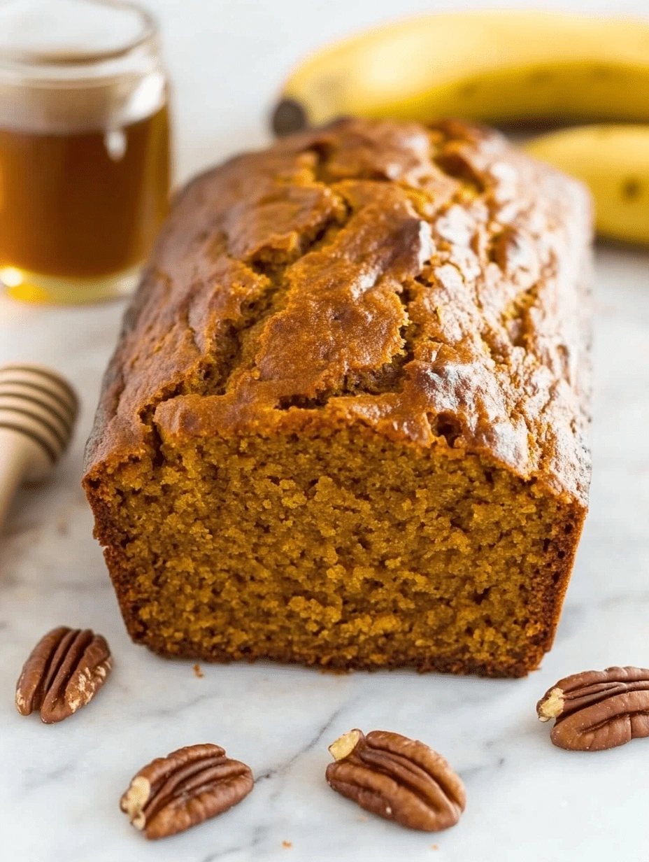 healthy-pumpkin-banana-bread-loaf-cut-texture-marble Overhead image of sliced healthy pumpkin banana bread surrounded by ripe speckled bananas, pecans, walnuts, and a jar of honey on a white marble surface.