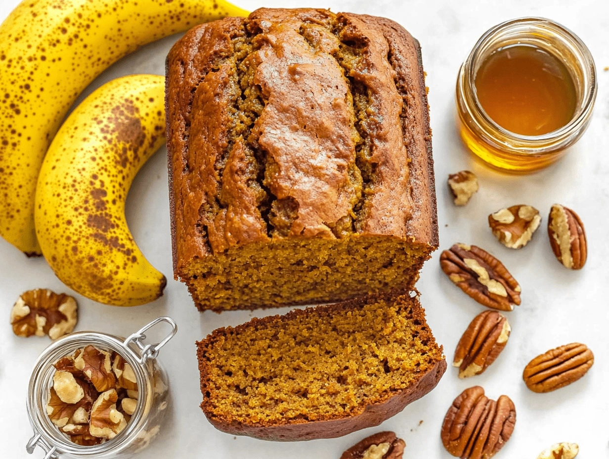 Overhead image of sliced healthy pumpkin banana bread surrounded by ripe speckled bananas, pecans, walnuts, and a jar of honey on a white marble surface.