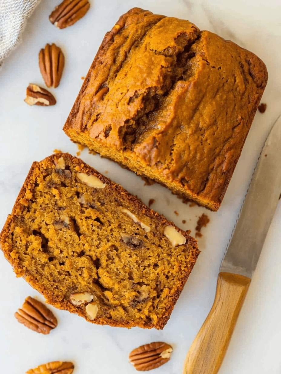 healthy-pumpkin-banana-bread-sliced-pecans-marble Overhead view of sliced healthy pumpkin banana bread with chopped pecans on a marble surface, with a wooden-handled knife and scattered pecan halves.